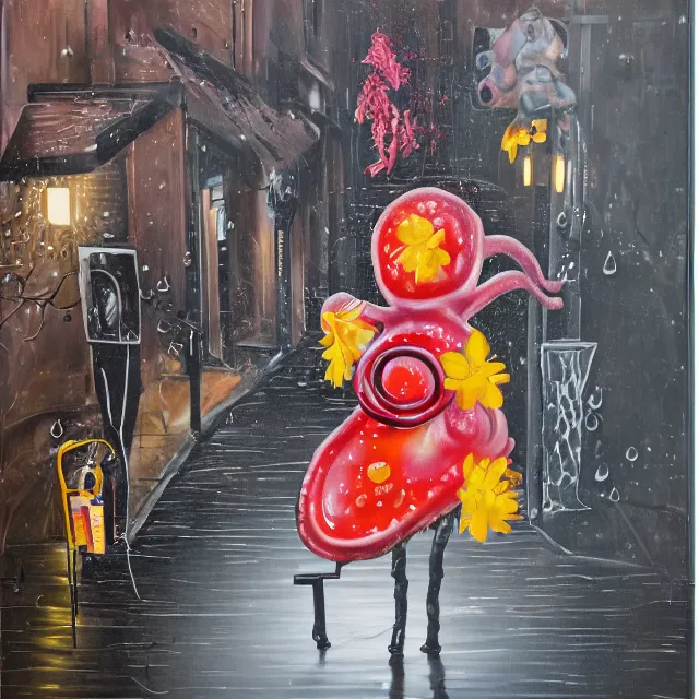 Image similar to a portrait in a dark laneway, a woman holding pancakes, streetlamps, wet, puddles, berries dripping, scientific instruments, ikebana, octopus, neo - expressionism, surrealism, acrylic and spray paint and oilstick on canvas