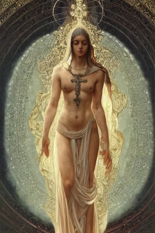 Prompt: a full body portrait of a beautiful ethereal delicate byzantine roman mage queen meditative sacral pose catholic stages of the cross, intricate, elegant, highly detailed, digital painting, artstation, concept art, smooth, sharp focus, illustration, art by krenz cushart and artem demura and alphonse mucha