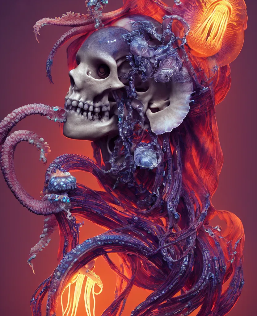 Image similar to goddess close - up portrait human skeleton, ram skull, squid phoenix jellyfish, orchid, betta fish, bioluminiscent, intricate artwork by tooth wu and wlop and beeple. octane render, trending on artstation, greg rutkowski very coherent symmetrical artwork. cinematic, hyper realism, high detail, octane render, 8 k