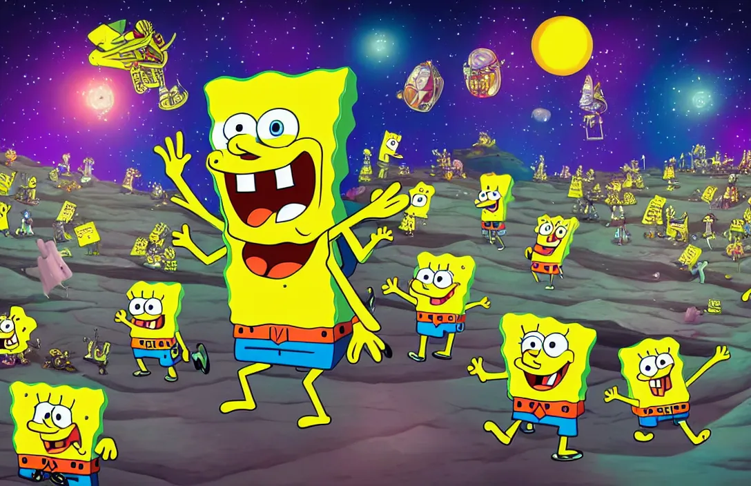 Image similar to spongebob rock concert on the moon, shot taken from behind spongebob on the stage looking the crowd, concert lighting, digital art, highly detailed, concept art, nickelodean style, party atmosphere, dark sky