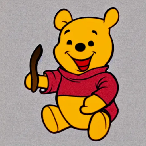 Prompt: winnie the pooh holding a bloody knife, in the style of winnie the pooh cartoon