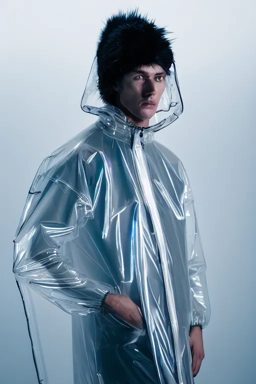 Image similar to an ultra high definition professional high fashion portrait studio full length photograph of a male model wearing a transparent pearlescent raincoat and neon visor laying down on the floor of an icelandic black rock environment at dawn. no artefacts. extremely detailed. stark. refraction. shallow depth of field. volumetric light and shadow. ray tracing. light rays.