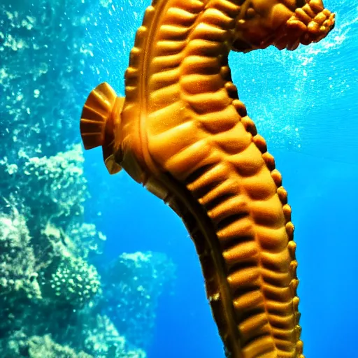 Image similar to Photo of a little sea horse scared by three snorkel divers taking photos with flash of him, hyperrealism, dynamic lighting