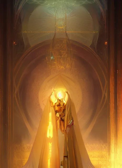 Prompt: a well endowed female mage wearing thin gold robes, intricate concept art, ethereal, enchanted, ominous, dramatic lighting, illuminated lines, dark background, 8 k, by ruan jia and krenz cushart and alphonse mucha