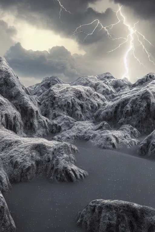 Prompt: 3 d render, realistic nature, dark color palate, snowy craggy sharp mountains, stormy weather, lightning, 8 k