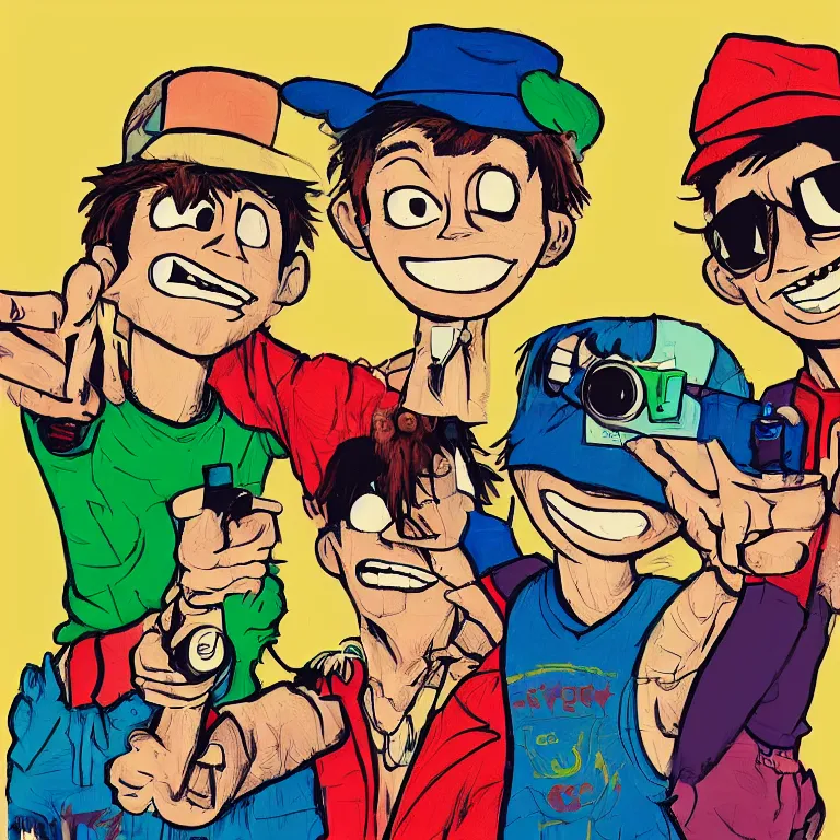 Prompt: a detailed colorful illustration of three boys posing for a selfie by jamie hewlett and timothy kong, trending on artstation