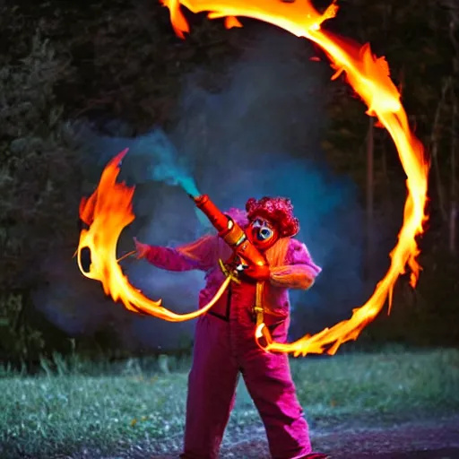 Prompt: photo of a clown using a flamethrower projecting a long flame. award-winning, highly-detailed
