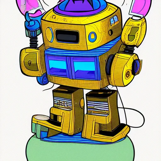 Image similar to a cartoon robot with a cat sitting on top of it, vector art by Ken Sugimori, featured on deviantart, toyism, greeble, 2d game art, sci-fi