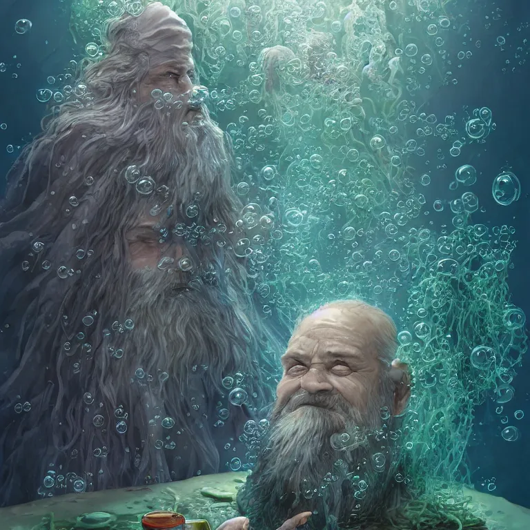 Image similar to an old wizard with seaweed for hairs and beard, wearing fluent multicolored robes in an underwater alchemical laboratory. digital illustration. fantasy. detailed. waterbubbles. by artgerm, wlop, james jean, andrei riabovitchev, marc simonetti, yoshitaka amano