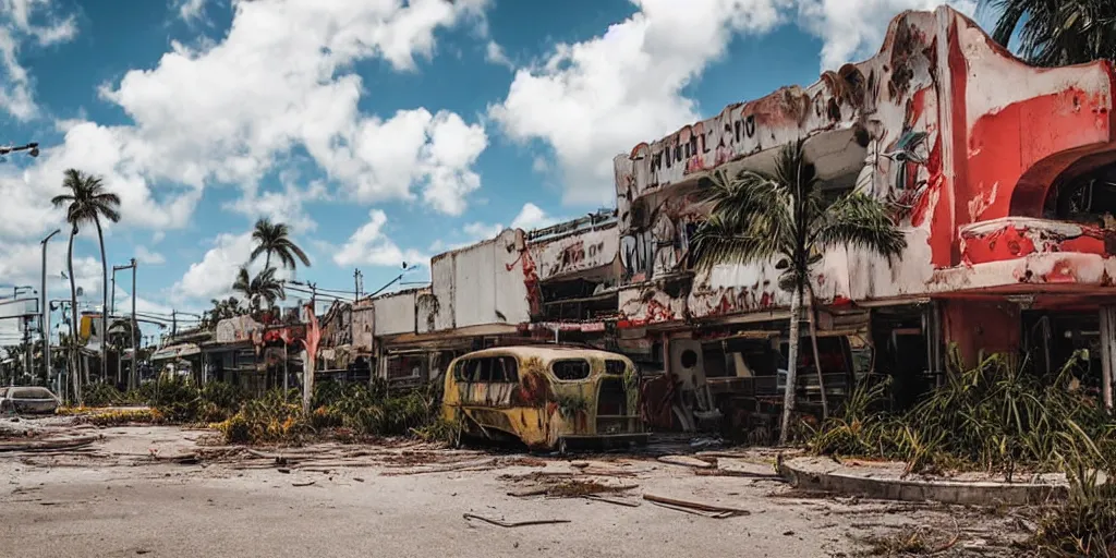 Image similar to low wide angle shot of dilapidated fallout 5 miami, tropical coastal city, desolate, dilapidated neon signs, few rusted retro futuristic vintage parked vehicles like cars, buses, trucks, trams, sunny weather, few clouds, volumetric lighting, photorealistic, daytime, spring, sharp focus, ultra detailed, 4 0 0 0 k