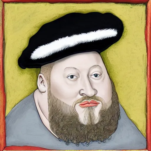 Image similar to action bronson stoned, portrait, action bronson as king henry viii, regal hat, king, stately, painting