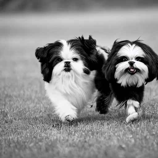 Image similar to a pack of black and white shih tzus play in a field, lots of light 8k photo