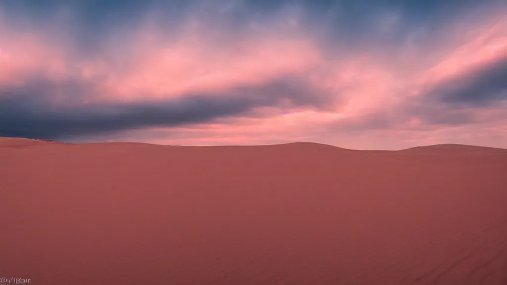 Prompt: The sand dunes under the pink clouds backlit by the sun