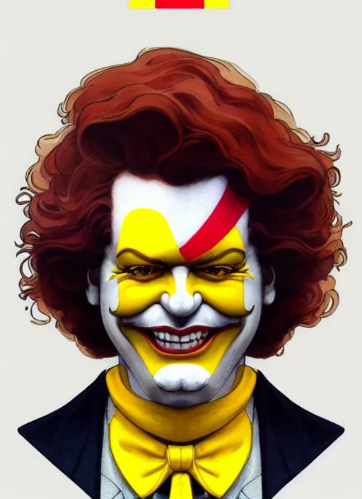 Image similar to close up portrait of ronald mcdonald, yellow jumper with white collar, sinister by artgerm, cushart krenz, greg rutkowski, mucha. art nouveau. gloomhaven, golden arches logo, pale colors, sharp edges. ultra clear detailed. 8 k. elegant, intricate, octane render