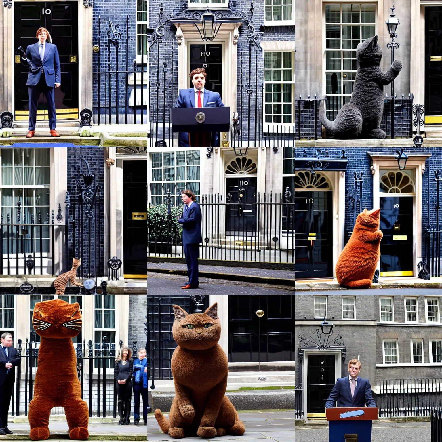 Prompt: press conference giant larry the cat in suit in front of 1 0 downing street