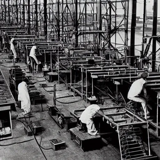 Prompt: digital art of workers working on a gigantic elephant factory, 1960 technology, art station