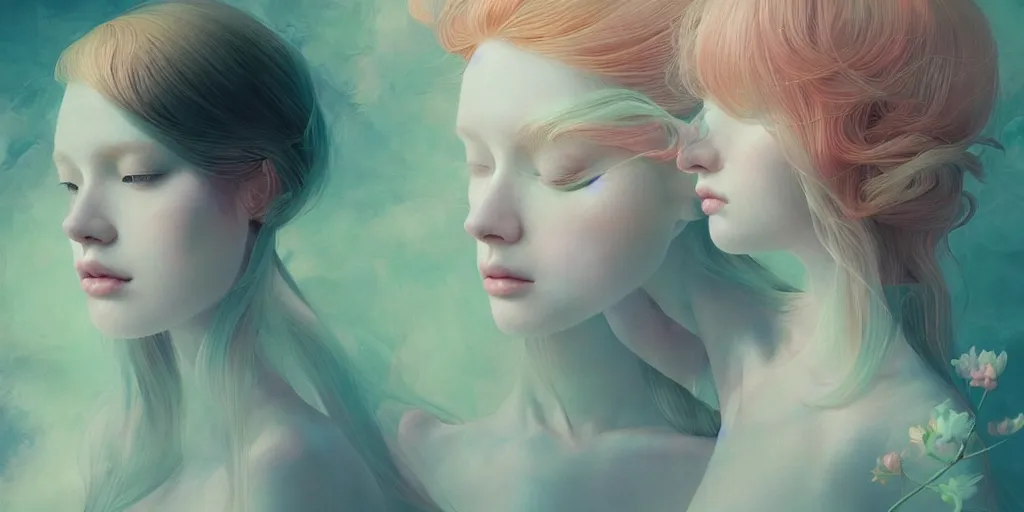 Image similar to highly detailed pastel colors of an ethereal ginger beauty morphing gradually into flowers, by artgerm and hsiao - ron cheng, smooth composition, fine patterns and detail