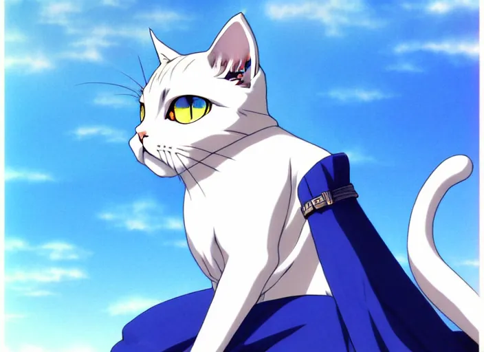 Image similar to anime visual of a white cat, with blue eyes!!!!, high quality detailed anime, cel shaded, digital art by last exile murata range blue submarine no 6, hd, ambient light