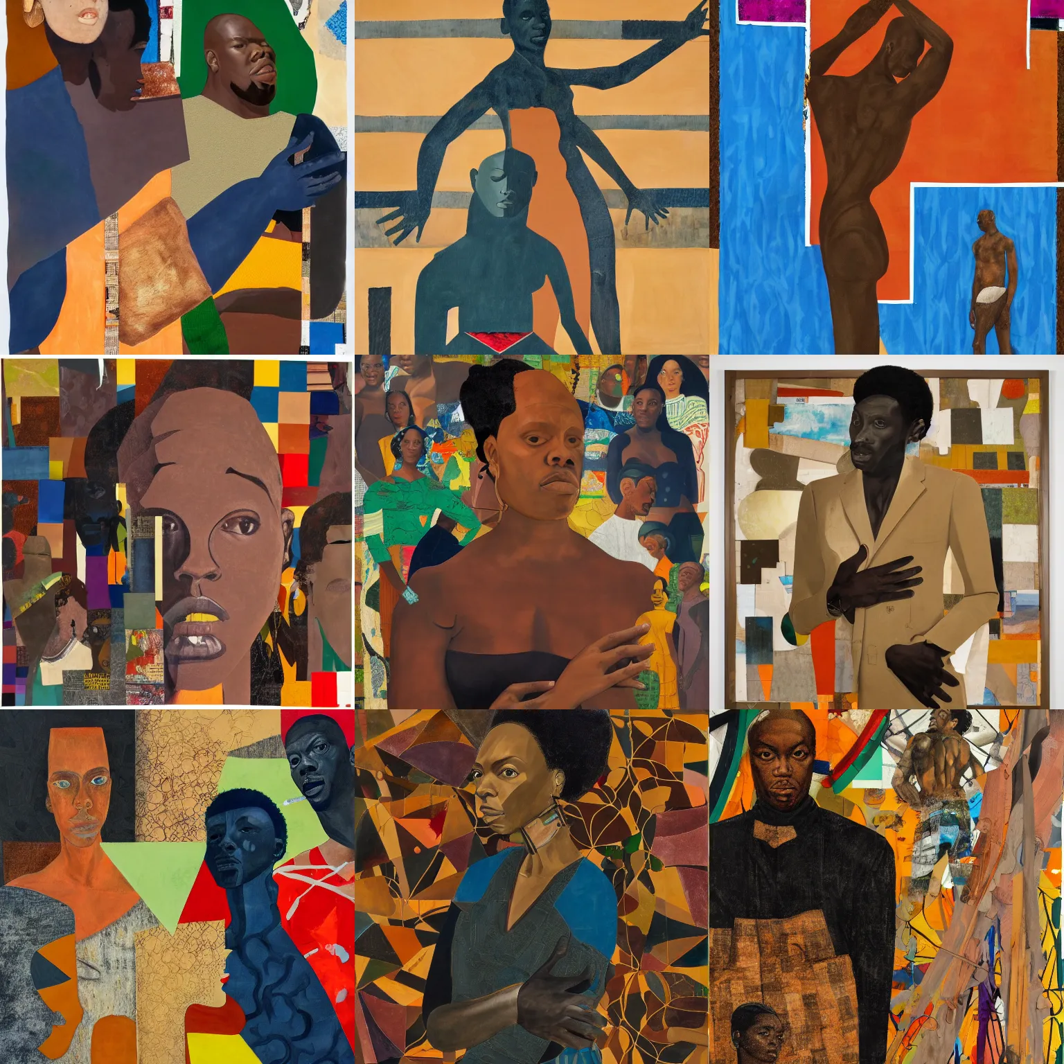 Prompt: A mixed media collage composition of a single large figure dominating the painting, muted primary and secondary hues, textured organic neutrals, Andy Warwhol, Kehinde Wiley and Jacob Lawrence, digital masterpiece, Trending on Art Station, 8K