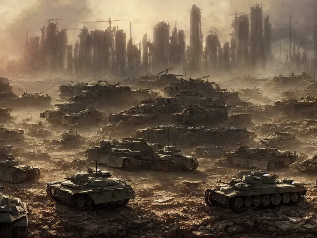 Image similar to a highly detailed matte painting of a post apocalyptic irradiated warzone with broken world war one tanks and discarded power armor, by studio ghibli, makoto shinkai, by artgerm, by wlop, by greg rutkowski, volumetric lighting, octane render, 4 k resolution, trending on artstation, masterpiece