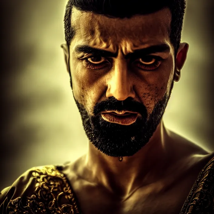 Image similar to cinematic bust portrait, sheikh, sultan, emir, head and chest only, dramatic pose, contemporary, masterpiece, cinematic composition, dramatic pose, beautiful lighting, sharp, details, hyper - detailed, hd, 4 k