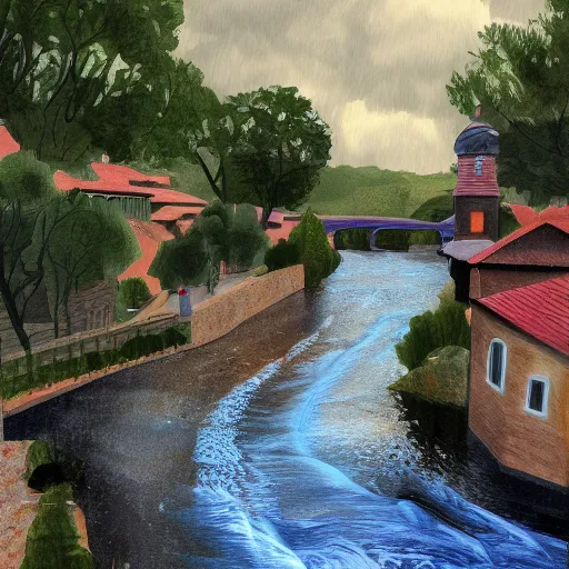 Image similar to digital art painting of a river running through a european town, very mediocre, not detailed at all.