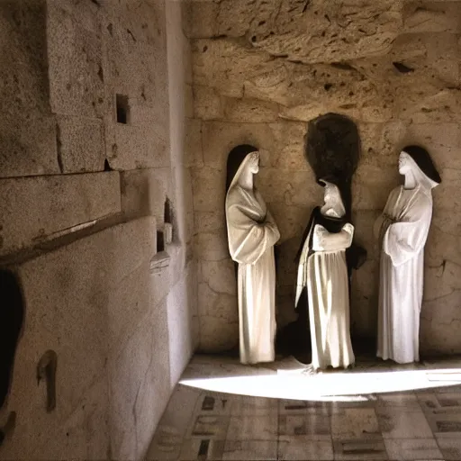 Prompt: 3 mary's, talking to 2 angels at the tomb of jesus, medium wide shot, velasquez