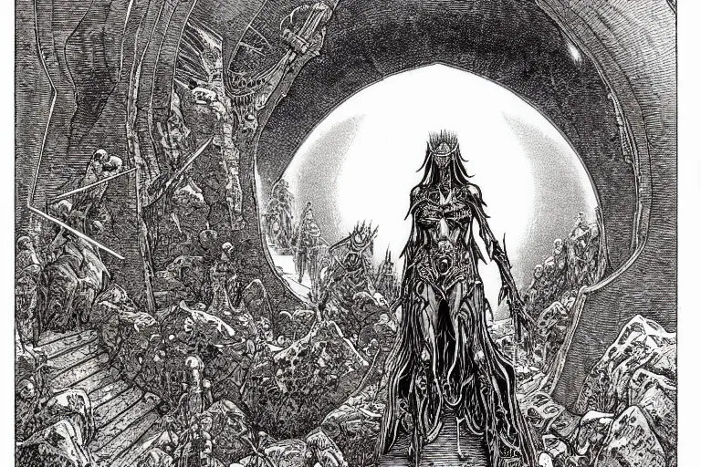 Image similar to hells gates by philippe druillet and gustave dore and much a and moebius and hieronymus bosch