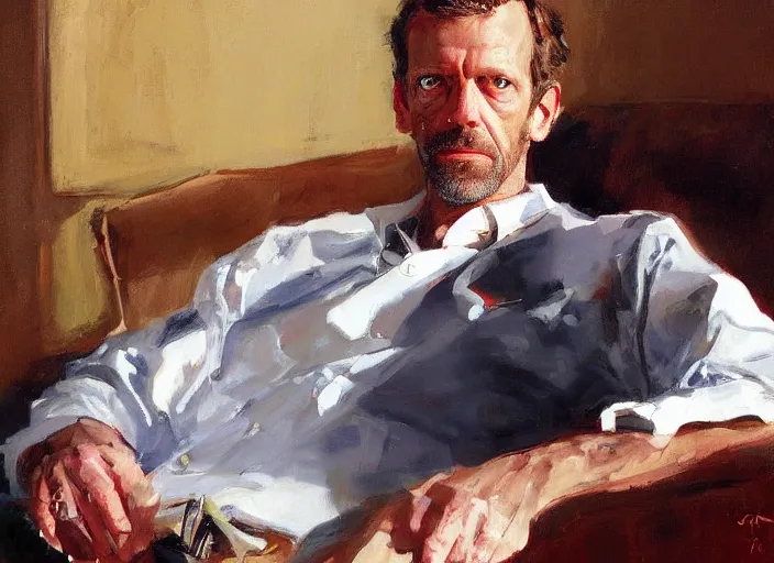 Image similar to a highly detailed beautiful portrait of dr. gregory house, by gregory manchess, james gurney, james jean