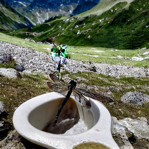 Prompt: dragonfly in a bathtub in the alps, herd of goats!!!! in background