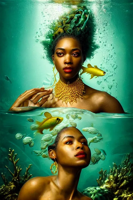 Image similar to hyperrealistic neo - rococo cinematic half underwater scene with fish and algae, very expressive! translucent elegant african goddess getting out of water, gold jewerly, highly detailed face, digital art masterpiece, aykut aydogdu zener, dramatic volumetric light, long shot, low angle uhd 8 k, sharp focus