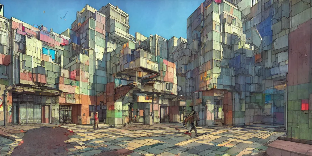 Image similar to neo brutralism, concrete housing, an archway, pathways, concept art, colorful, vivid colors, sunshine, light, shadows, reflections, oilpainting, cinematic, 3D, in the style of Akihiko Yoshida and Edward Hopper