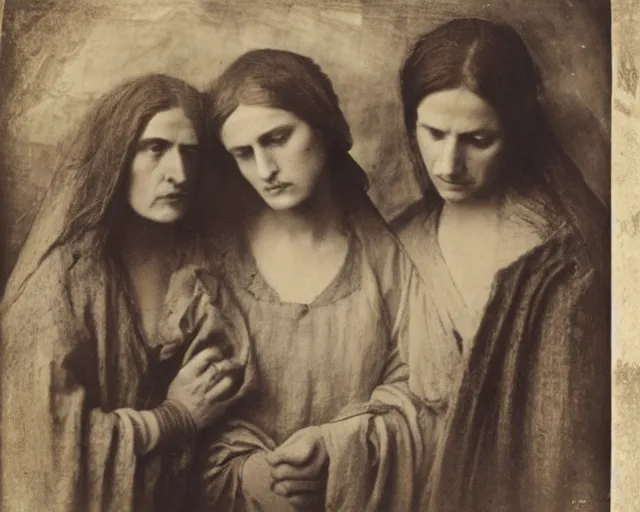 Prompt: the three marys at the sepulchre, expressive faces, julia margaret cameron