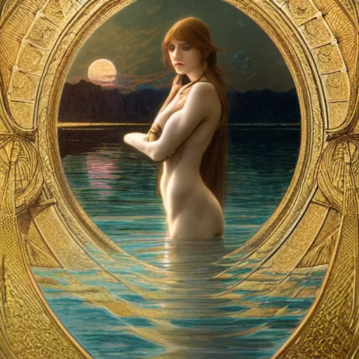 Prompt: excalibur rising from the middle of a lake under a giant full moon, rippling reflections, romantic, cinematic, intricate, elegant, highly detailed, artstation, concept art, smooth, sharp focus, art by alphonse mucha and Monia Merlo and Raymond Swanland and greg rutkowski