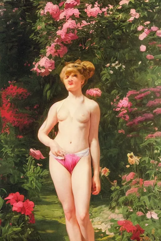 Prompt: elizabeth banksstarring straight ahead and wearing a wet, white t-shirt and a pink thong, golden hour in a floral garden, artstation, by J. C. Leyendecker and Peter Paul Rubens,