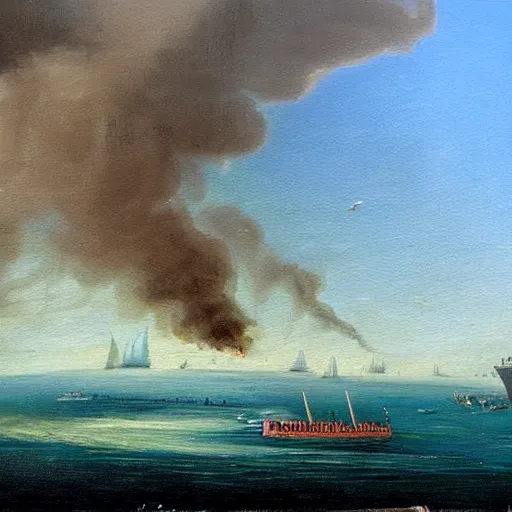 Image similar to a modern oil painting of a ship leaving the dock for paradise, during the apocalypse.