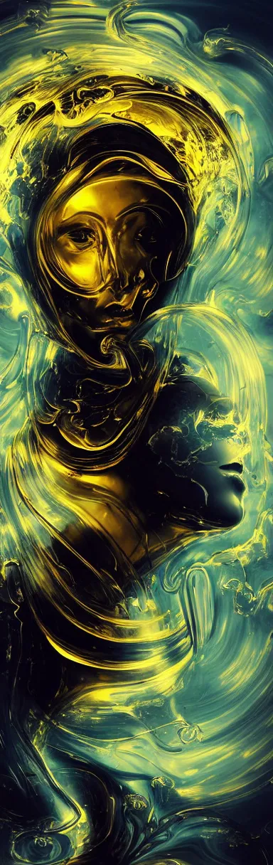 Prompt: epic illustration, abstract sculpture of beautiful female face silhouette and black swirling liquifying acrylic portrait, fluffy clouds, mechanical superstructure, sacred geometry, glowing edges, golden hour, beautiful light, sculpture of carving marble, dark colors, dark mood, one point light, golden spirals, clockwork, epic matte painting, concept art, bokeh, digital painting, artstation