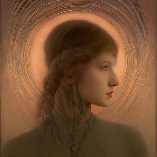 Image similar to Woman masterpiece, portrait, Taylor Swift, pink, golden halo behind her head, wires everywhere, by Edgar Maxence and Ross Tran, Zdzisław Beksiński, and Michael Whelan, distant, gustav dore, H.R. Giger, 8k, octane render