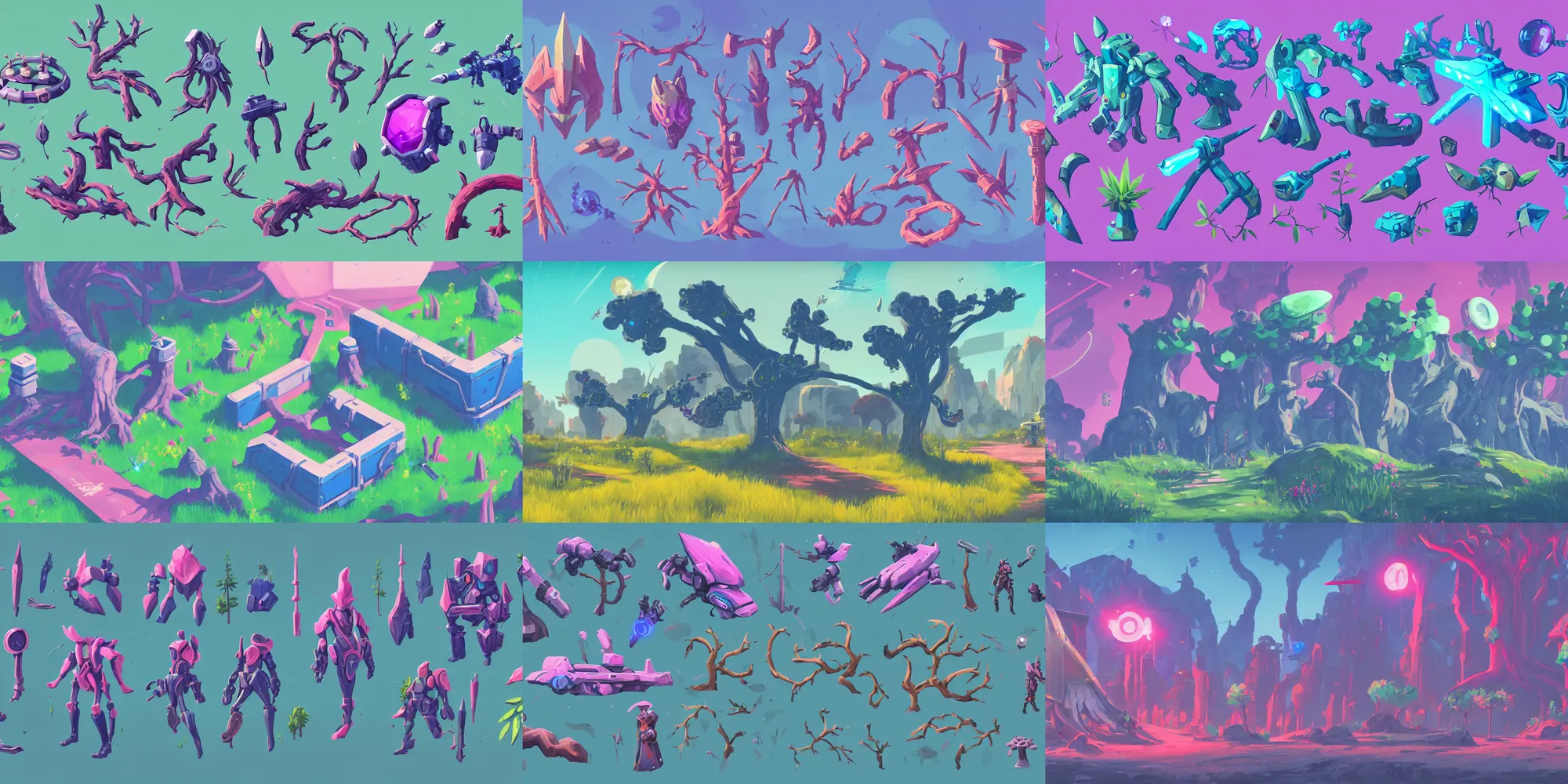 Prompt: game asset of plant and tree, in gouache detailed paintings, props, stylized, arcane, overwatch, blue and pink color scheme, futuristic, no mans sky, sci - fi