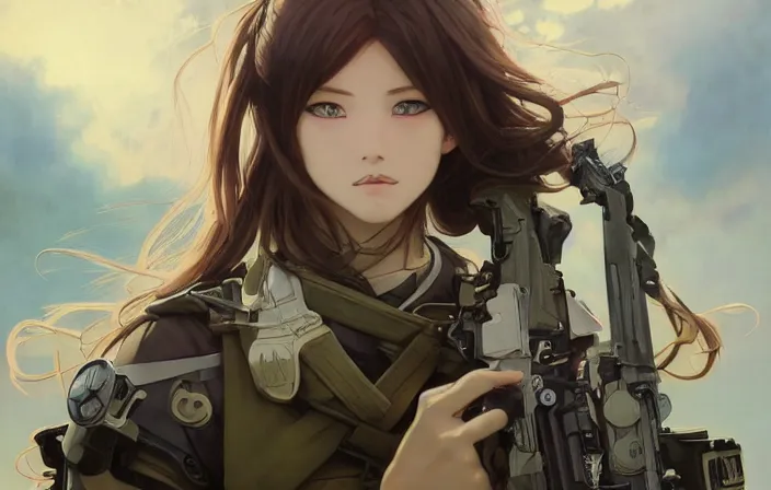 Image similar to infantry girl, anime style, symmetrical facial features long hair, hair down, under heavy fire, explosions, wallpaper, hyper realistic, pale skin, rule of thirds, extreme detail, 4 k, detailed drawing, trending artstation, realistic lighting, trading card, by alphonse mucha, greg rutkowski, sharp focus, backlit, fast helmet