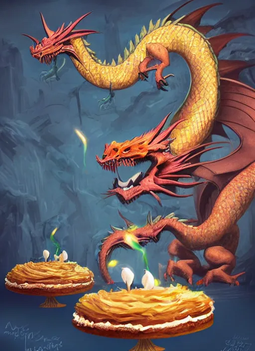 Image similar to dragon eating cakes, detailed digital art, trending on Artstation