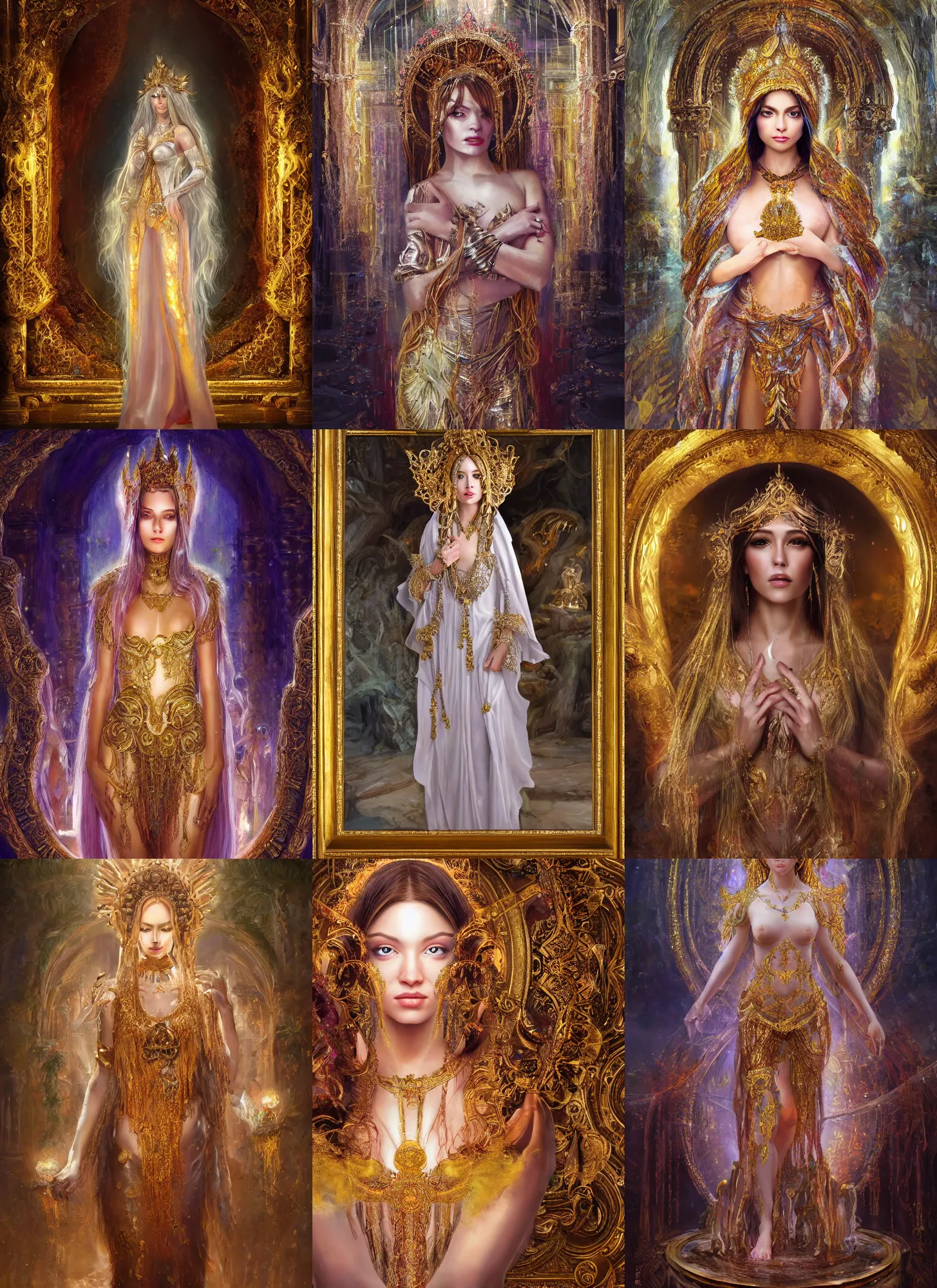 Image similar to soft focus oil painting on canvas of beautiful full body concept art, beautiful faced female priestess with shiny hair wearing full intricate clothing standing in a slimy temple, godray, intricate lighting, micro detail, cg society