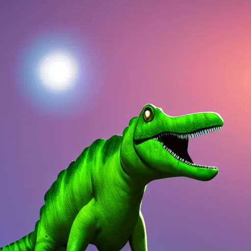 Prompt: photorealistic green dinosaur on a blue exotic planet