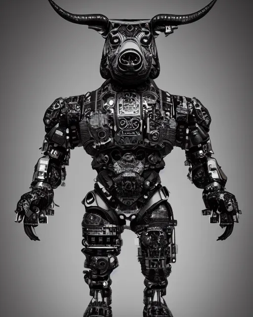 Prompt: a full body shot of an imposing cyborg pig modeled after a bull looking into the camera, contrast lighting, black skin!!!, intricate pattern, hard rubber chest, highly detailed, cyborg, full body shot, intricate, 3 d, symmetrical, octane render, fantasy, highly detailed, digital art, artstation, strong bokeh, black face, leering