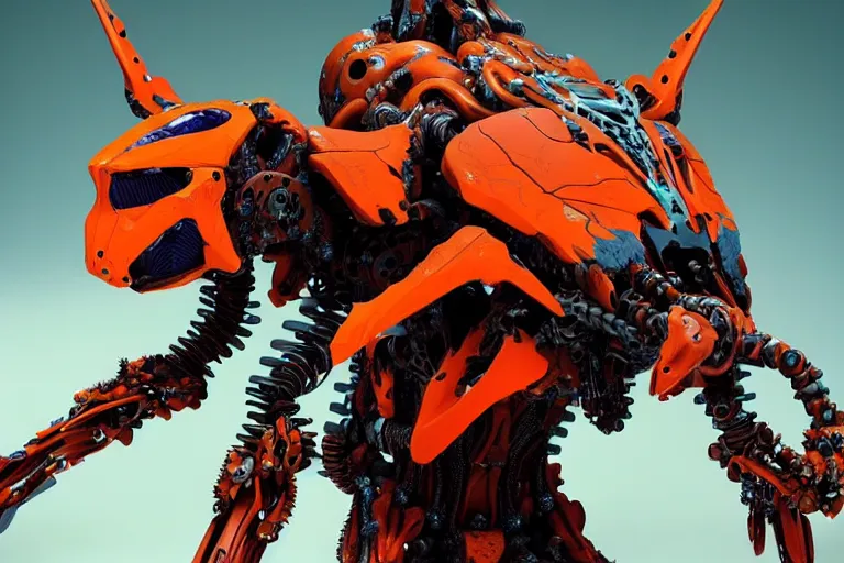 Image similar to a hyper detailed orange fanghorn evangelion realistic mechanical and organic creature similar look as horizon forbidden west horizon zero dawn, bioluminiscence in a dark deep forest at dawn in spring, with reflection and textures, by kilian eng, substance painter reaslitic mech surface metal painted scratches,