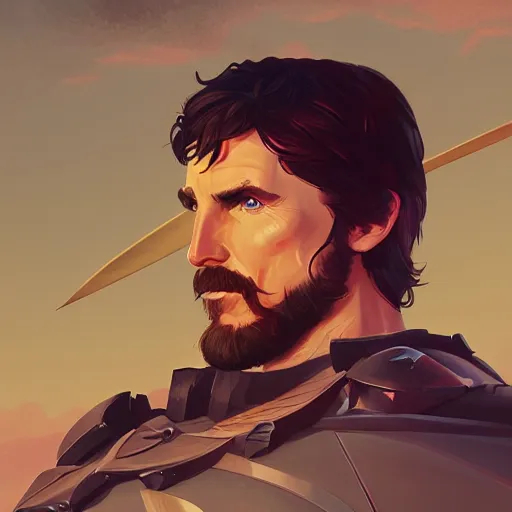 Image similar to Portrait of Christian Bale as a strong human gladiator, mattepainting concept Blizzard pixar maya engine on stylized background splash comics global illumination lighting artstation lois van baarle, ilya kuvshinov, rossdraws