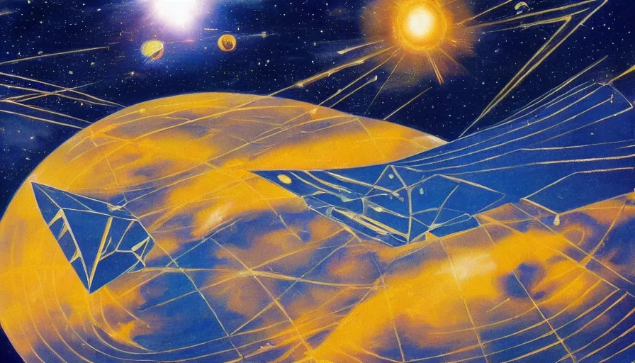 Image similar to solar sail infront of sun, in space, planet earth visible below, art deco painting