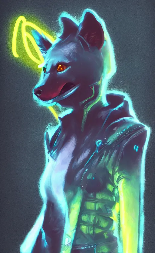 Image similar to digital painting of anthromorphic hyena female, fursona, furry fandom, neon rainy cyberpunk setting, anthro, wearing cyberpunk leather jacket, detailed face,