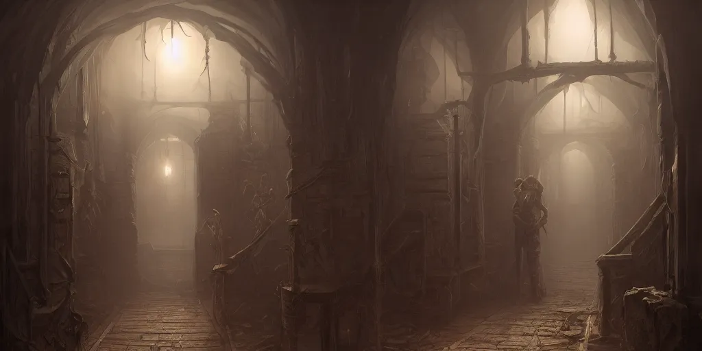 Prompt: death awaits in the hallway, by Andreas Rocha + Ted Nasmith, dark, cinematic lighting, masterpiece, highly detailed, 8k resolution, trending on art station