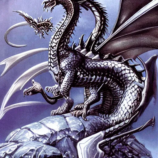 Prompt: a silver dragon, dragonlance.